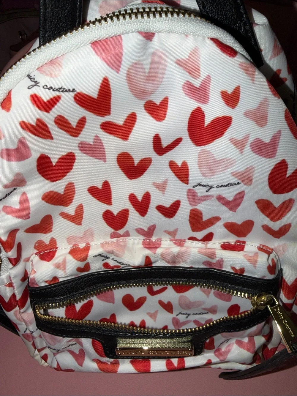 Juicy Couture Pink & Red Heart Print Mini Backpack with Matching Wallet Set